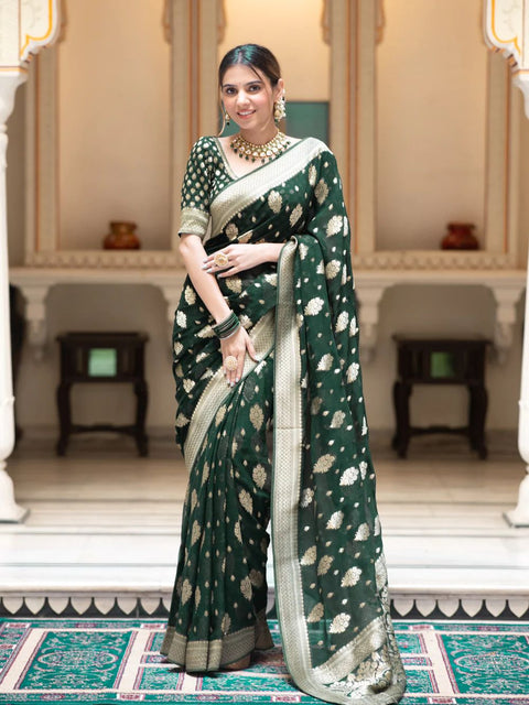 VastraLakshmi Exceptional Dark Green Soft Banarasi Silk Saree With Exceptional Blouse Piece