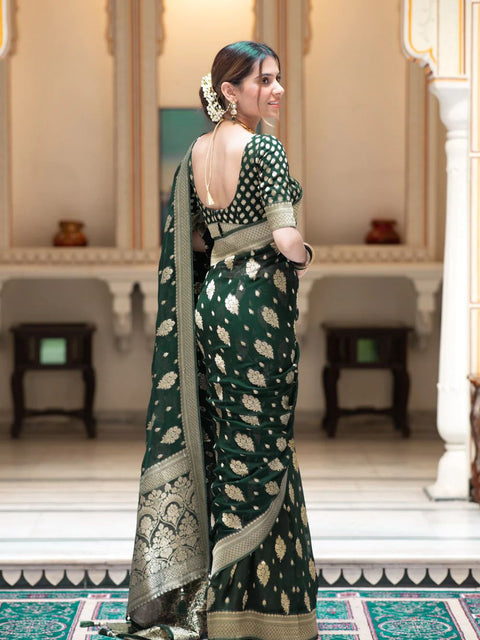 VastraLakshmi Exceptional Dark Green Soft Banarasi Silk Saree With Exceptional Blouse Piece