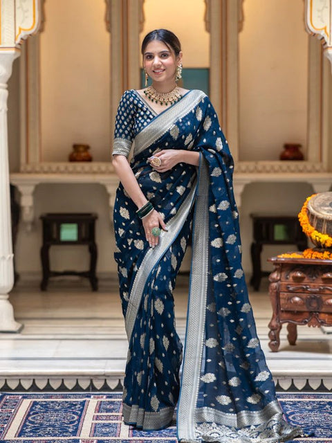 VastraLakshmi Dazzling Navy Blue Soft Banarasi Silk Saree With Attractive Blouse Piece