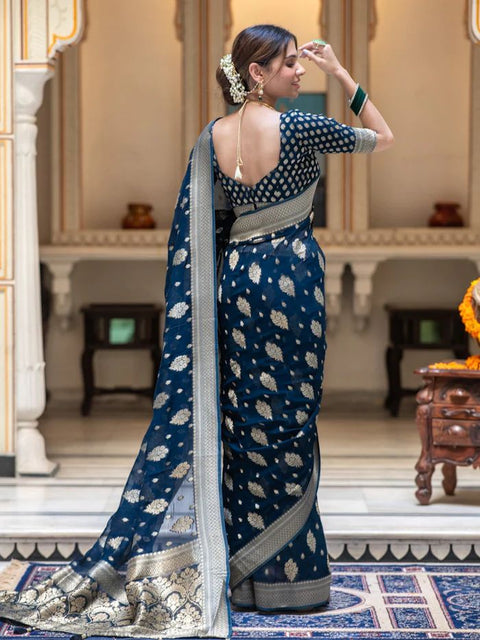 VastraLakshmi Dazzling Navy Blue Soft Banarasi Silk Saree With Attractive Blouse Piece