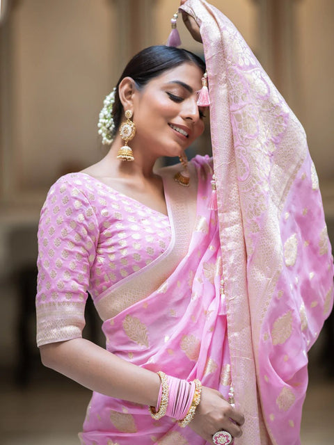 VastraLakshmi Exceptional Pink Soft Banarasi Silk Saree With Twirling Blouse Piece