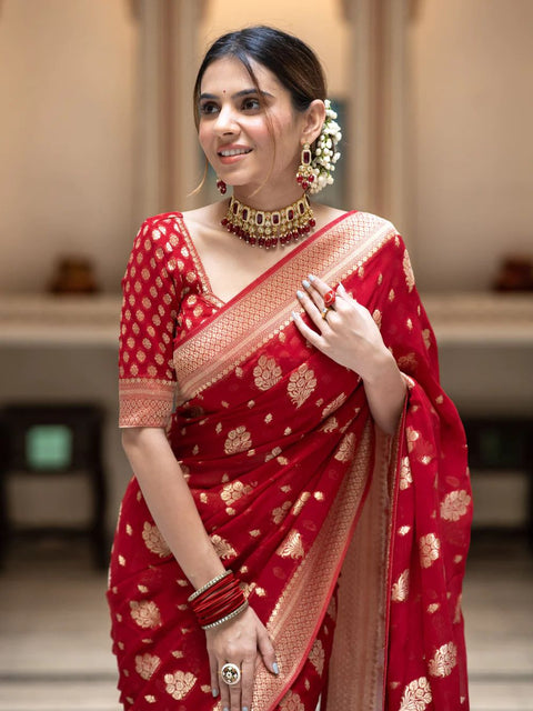 VastraLakshmi Ideal Red Soft Banarasi Silk Saree With Dalliance Blouse Piece