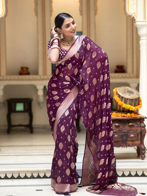 VastraLakshmi Lassitude Wine Soft Banarasi Silk Saree With Devastating Blouse Piece