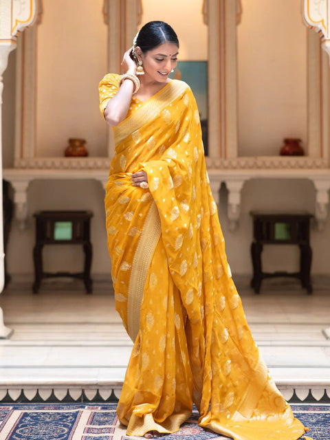 VastraLakshmi Hypnotic Yellow Soft Banarasi Silk Saree With Impressive Blouse Piece