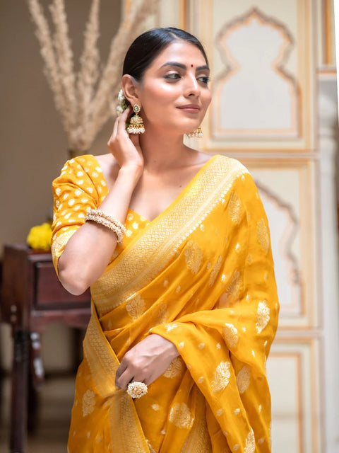 VastraLakshmi Hypnotic Yellow Soft Banarasi Silk Saree With Impressive Blouse Piece