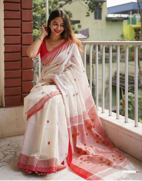 VastraLakshmi Desiring Off White Cotton Silk Saree With Capricious Blouse Piece