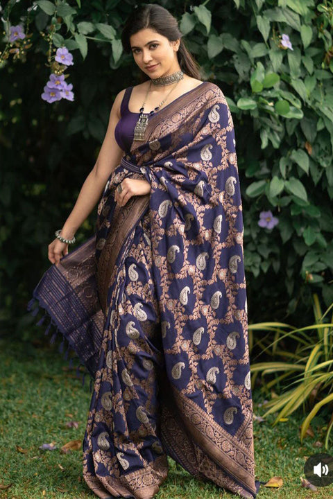 VastraLakshmi Engrossing Navy Blue Soft Silk Saree With Delightful Blouse Piece