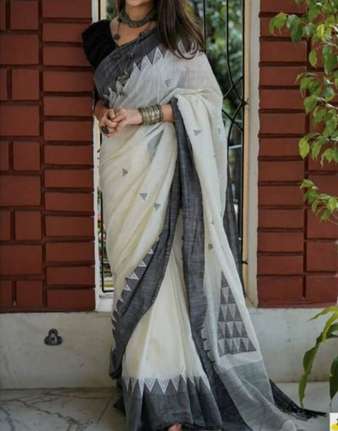 VastraLakshmi Flaunt Off White Cotton Silk Saree With Blooming Blouse Piece