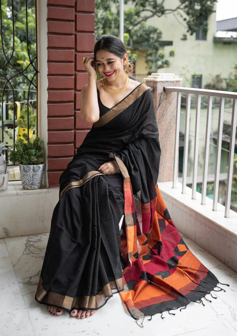 VastraLakshmi Fairytale Black Cotton Silk Saree With Mesmeric Blouse Piece