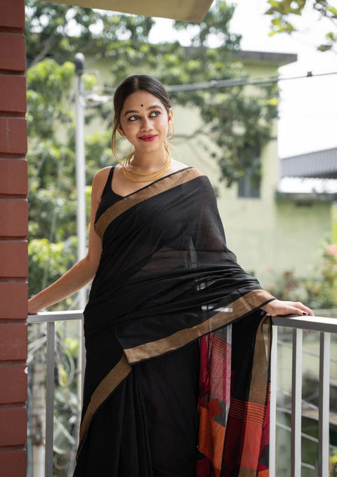 VastraLakshmi Fairytale Black Cotton Silk Saree With Mesmeric Blouse Piece