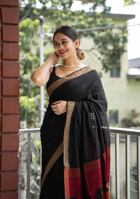 VastraLakshmi Fairytale Black Cotton Silk Saree With Mesmeric Blouse Piece