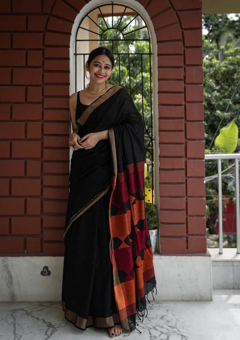 VastraLakshmi Fairytale Black Cotton Silk Saree With Mesmeric Blouse Piece