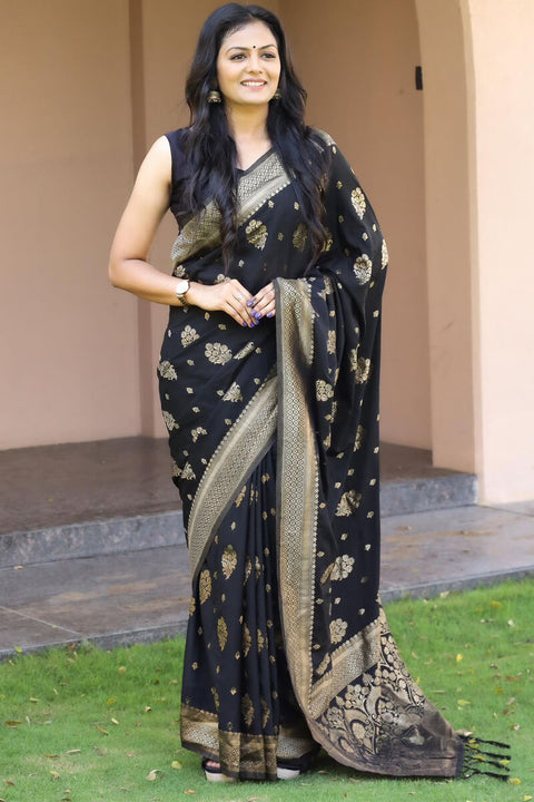 VastraLakshmi Trendy Black Soft Banarasi Silk Saree With Extraordinary Blouse Piece