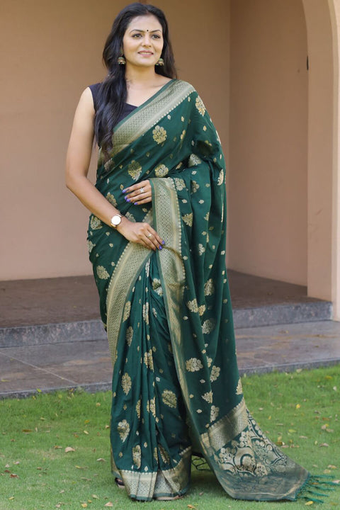 VastraLakshmi Precious Dark Green Soft Banarasi Silk Saree With Sophisticated Blouse Piece