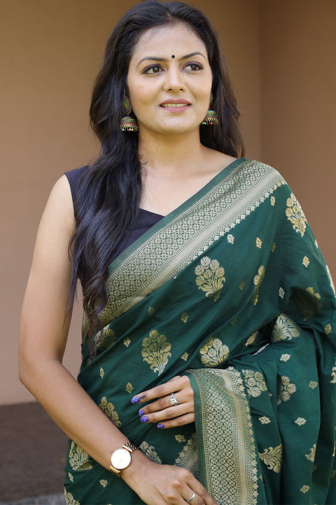 VastraLakshmi Precious Dark Green Soft Banarasi Silk Saree With Sophisticated Blouse Piece