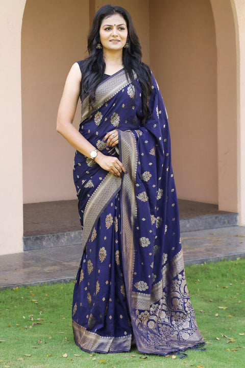 VastraLakshmi Denouement Navy Blue Soft Banarasi Silk Saree With Snappy Blouse Piece