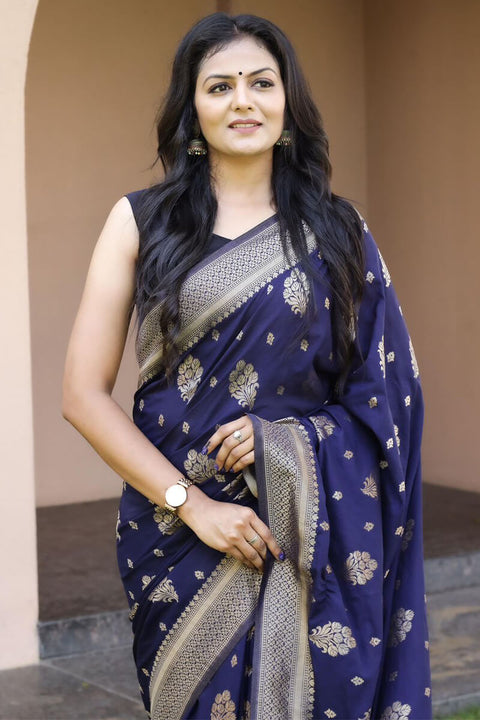 VastraLakshmi Denouement Navy Blue Soft Banarasi Silk Saree With Snappy Blouse Piece