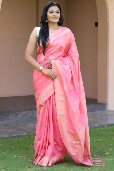 VastraLakshmi Supernal Pink Soft Silk Banarasi Saree With Alluring Blouse Piece