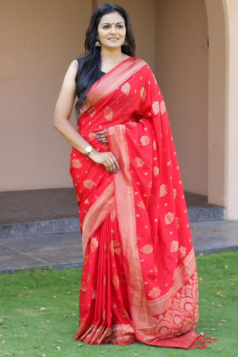 VastraLakshmi Embellished Red Soft Silk Banarasi Saree With Panache Blouse Piece