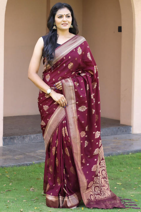 VastraLakshmi Splendiferous Wine Soft Banarasi Silk Saree With Sempiternal Blouse Piece