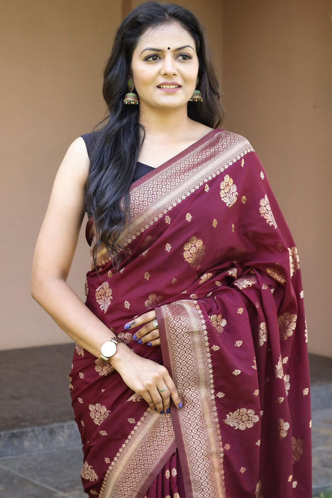 VastraLakshmi Splendiferous Wine Soft Banarasi Silk Saree With Sempiternal Blouse Piece