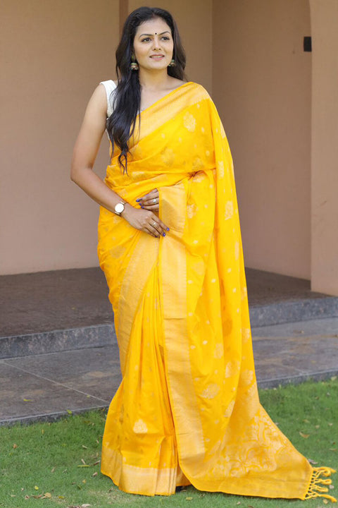 VastraLakshmi Demanding Yellow Soft Banarasi Silk Saree With Adorable Blouse Piece