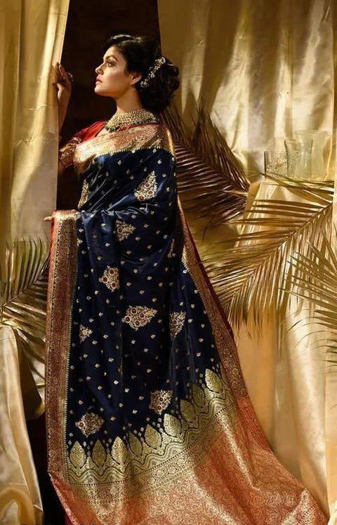 VastraLakshmi Engrossing Navy Blue Soft Silk Saree With Arresting Blouse Piece