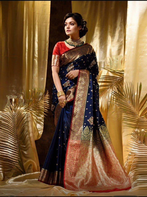 VastraLakshmi Engrossing Navy Blue Soft Silk Saree With Arresting Blouse Piece