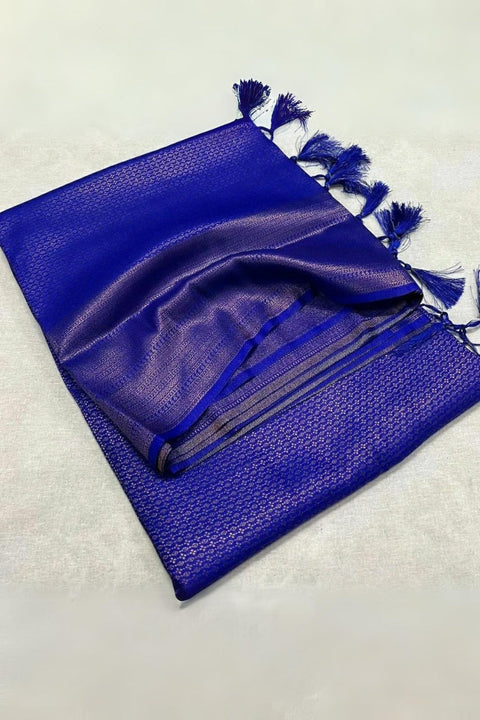 VastraLakshmi Vestigial Royal Blue Kanjivaram Silk Saree With Serendipity Blouse Piece