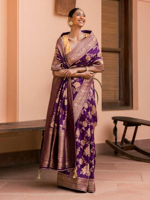 VastraLakshmi Captivating Purple Soft Banarasi Silk Saree With Ravishing Blouse Piece