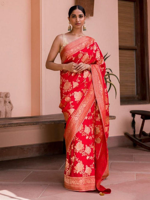 VastraLakshmi Mesmeric Red Soft Soft Banarasi Silk With Glorious Blouse Piece