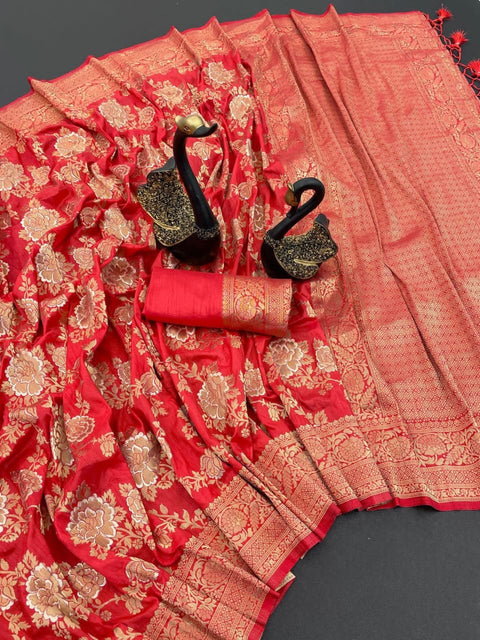 VastraLakshmi Mesmeric Red Soft Soft Banarasi Silk With Glorious Blouse Piece