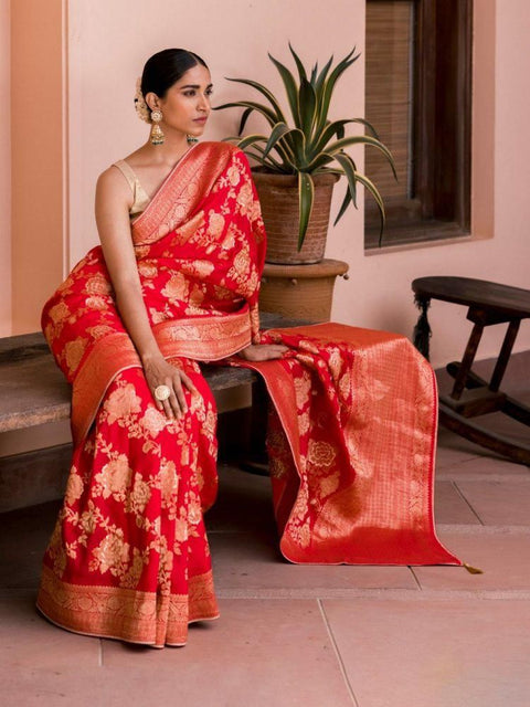 VastraLakshmi Mesmeric Red Soft Soft Banarasi Silk With Glorious Blouse Piece