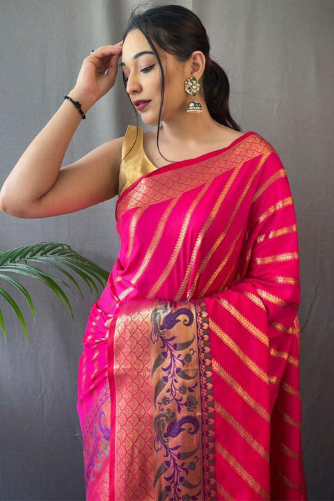 VastraLakshmi Desultory Dark Pink Paithani Silk Saree With Murmurous Blouse Piece