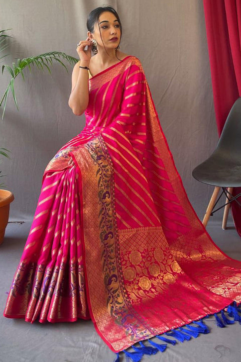 VastraLakshmi Desultory Dark Pink Paithani Silk Saree With Murmurous Blouse Piece