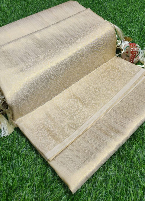 VastraLakshmi Desuetude Beige Kanjivaram Silk Saree With Ebullience Blouse Piece