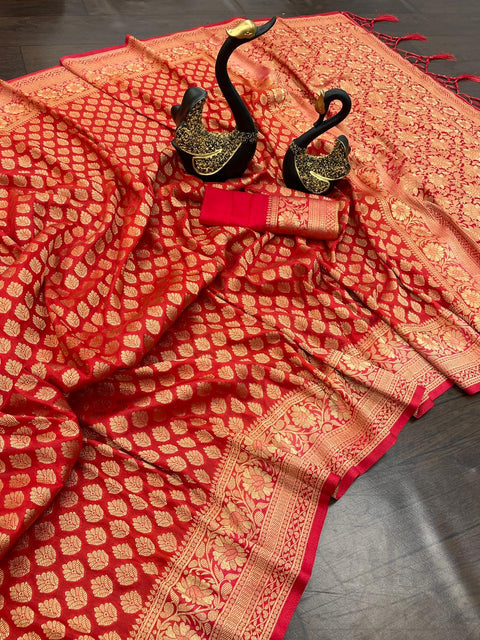 VastraLakshmi Stunner Red Soft Banarasi Silk Saree With Ideal Blouse Piece