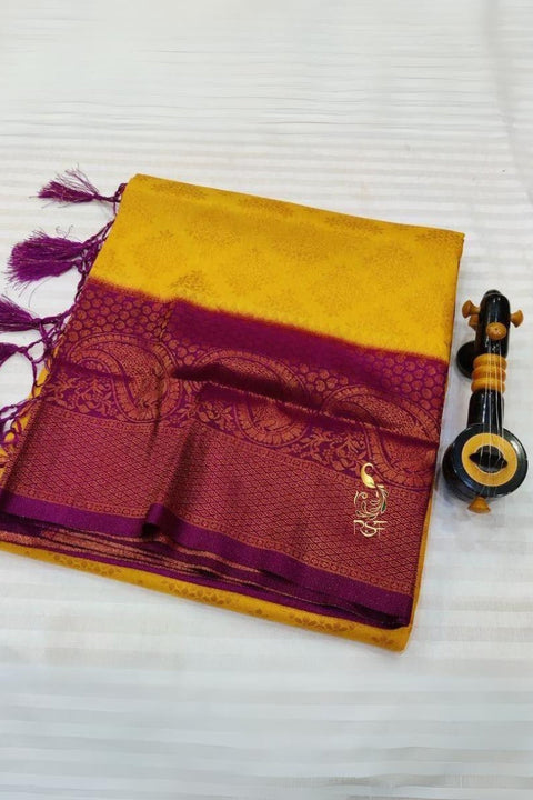 VastraLakshmi Ephemeral Yellow Soft Banarasi Silk Saree With Moiety Blouse Piece