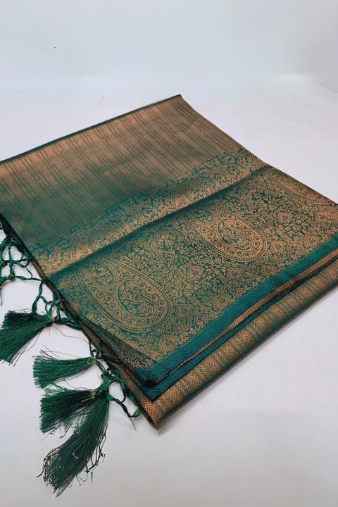 VastraLakshmi Intricate Dark Green Kanjivaram Silk Saree With Jazzy Blouse Piece