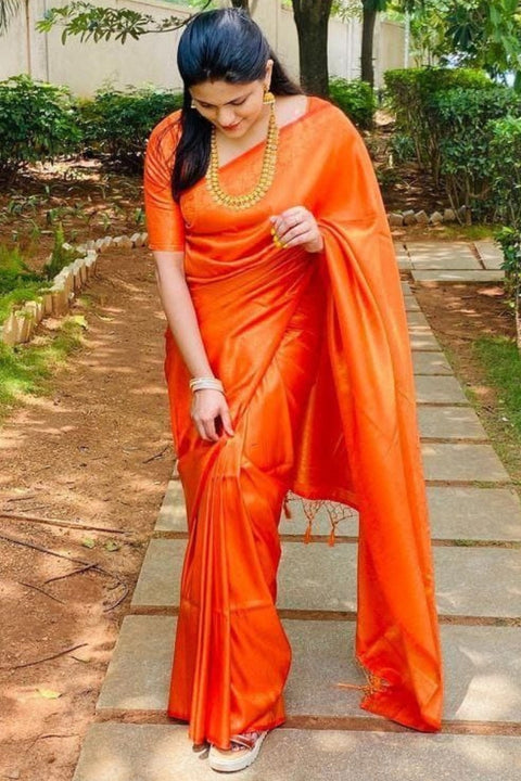 VastraLakshmi Brood Orange Kanjivaram Silk Saree With Diaphanous Blouse Piece