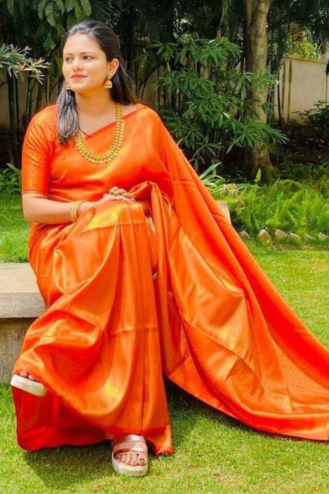 VastraLakshmi Brood Orange Kanjivaram Silk Saree With Diaphanous Blouse Piece