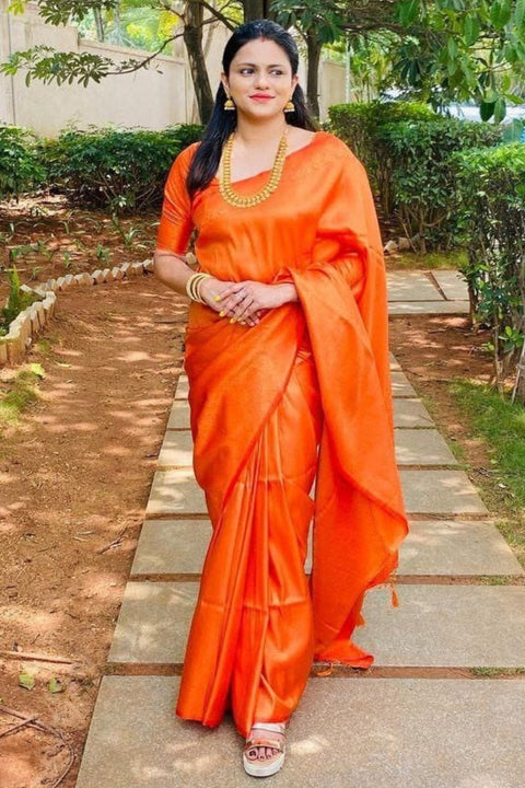 VastraLakshmi Brood Orange Kanjivaram Silk Saree With Diaphanous Blouse Piece