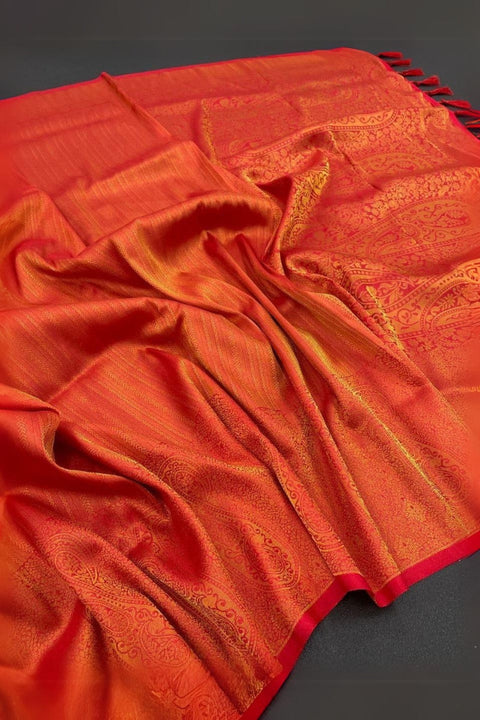 VastraLakshmi Brood Orange Kanjivaram Silk Saree With Diaphanous Blouse Piece