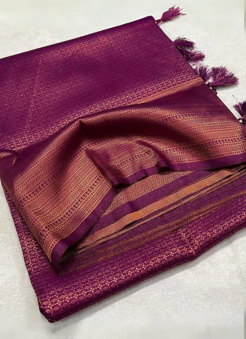 VastraLakshmi Ebullience Purple Kanjivaram Silk Saree With Amiable Blouse Piece