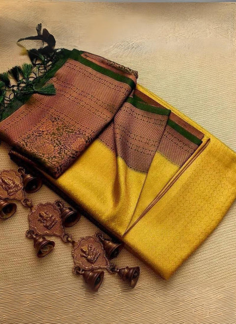 VastraLakshmi Demure Yellow Kanjivaram Silk Saree With Elision Blouse Piece