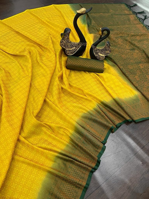 VastraLakshmi Demure Yellow Kanjivaram Silk Saree With Elision Blouse Piece