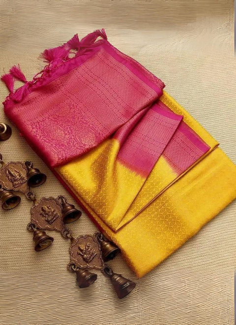 VastraLakshmi Nemesis Yellow Kanjivaram Silk Saree With Redolent Blouse Piece