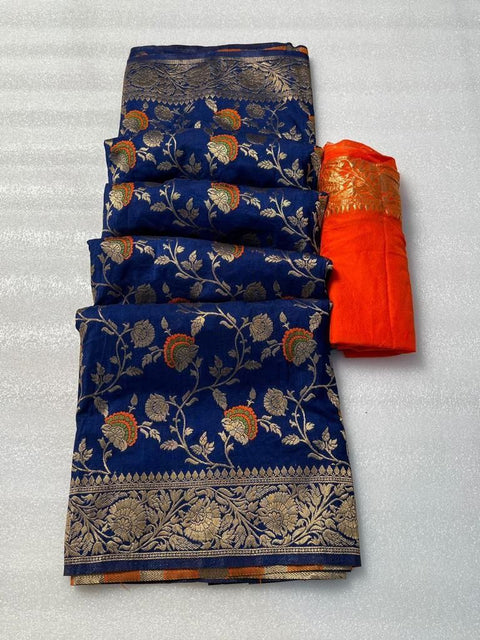 VastraLakshmi Pretty Navy Blue Soft Banarasi Silk Saree With Dazzling Blouse Piece