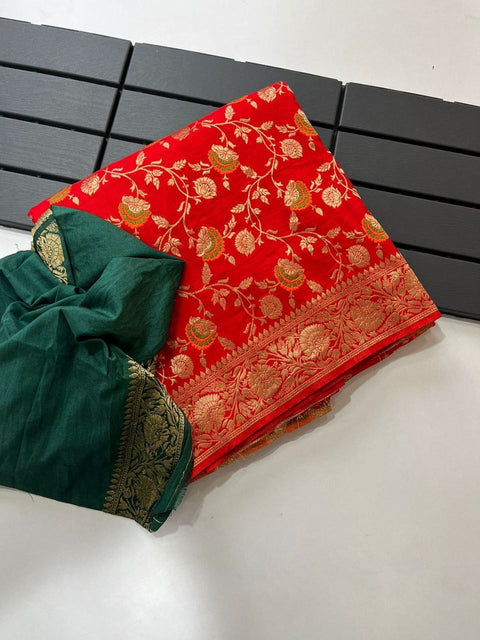 VastraLakshmi Divine Red Soft Banarasi Silk Saree With Forbearance Blouse Piece