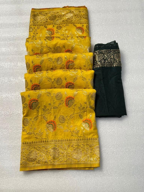 VastraLakshmi Beleaguer Yellow Soft Banarasi Silk Saree With Exquisite Blouse Piece